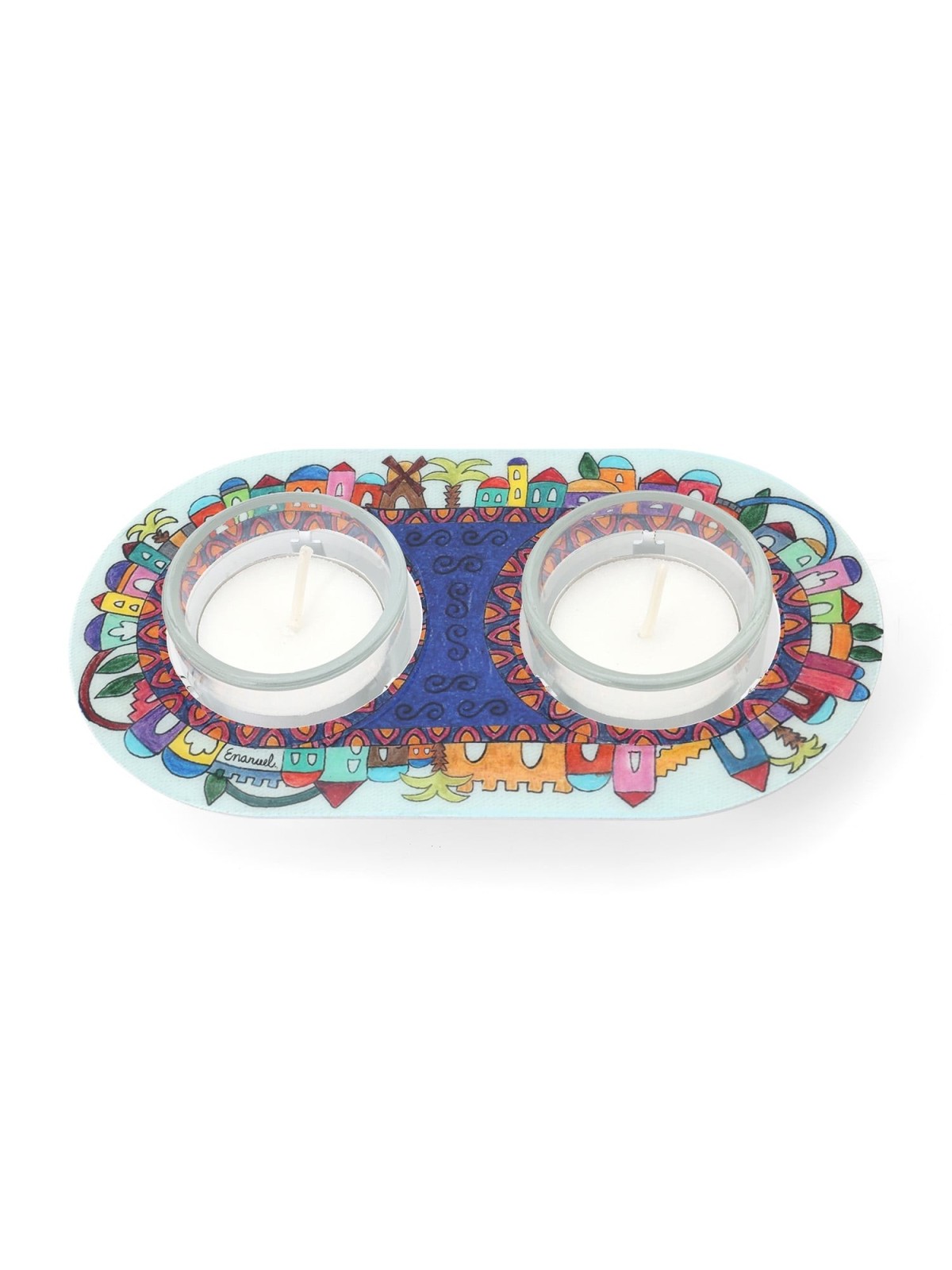 Yair Emanuel Painted Shabbat Tealight Candle Holder Set - Choice of De